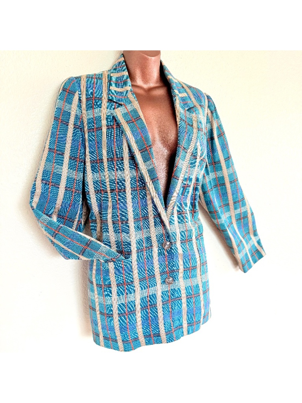 VTG 90s Preppy Academia Grandpacore Linen Blend Teal Plaid Blazer | Sz 10